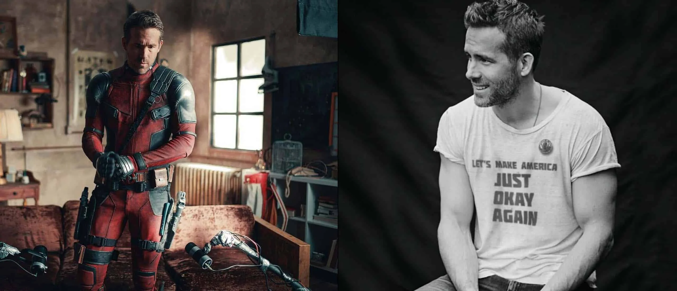Ryan Reynolds on deadpool set (Left) Ryan Reynolds sitting down (Right)