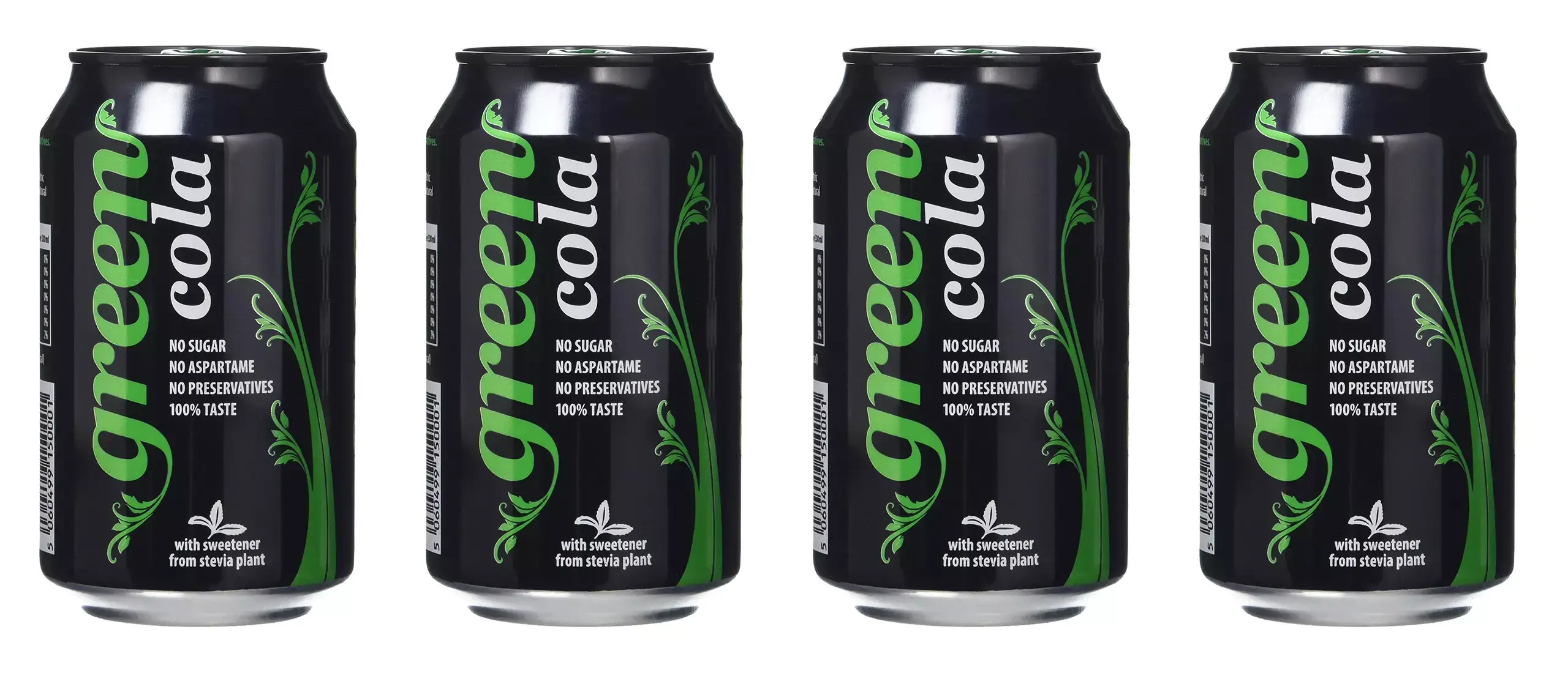 Four cans a green cola on a white background