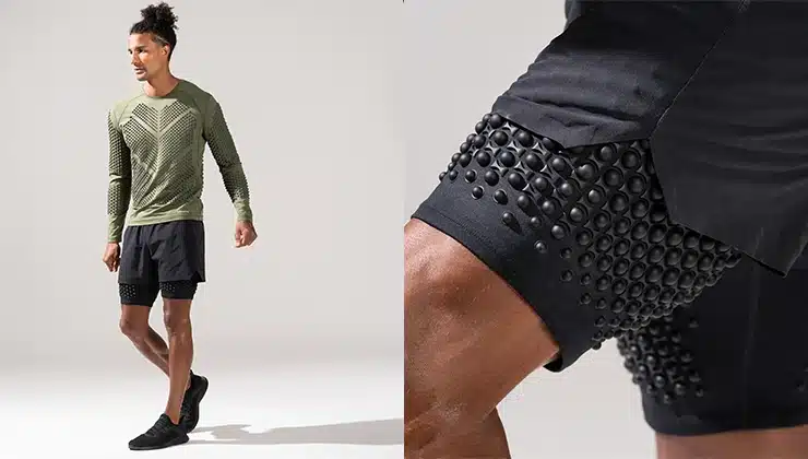 Man wering omorpho shorts, with an up-close of the leg detail. 