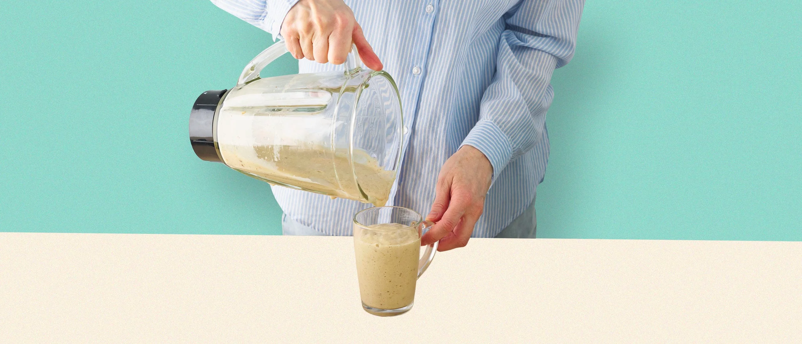 A man pours a protein shake from a belnder