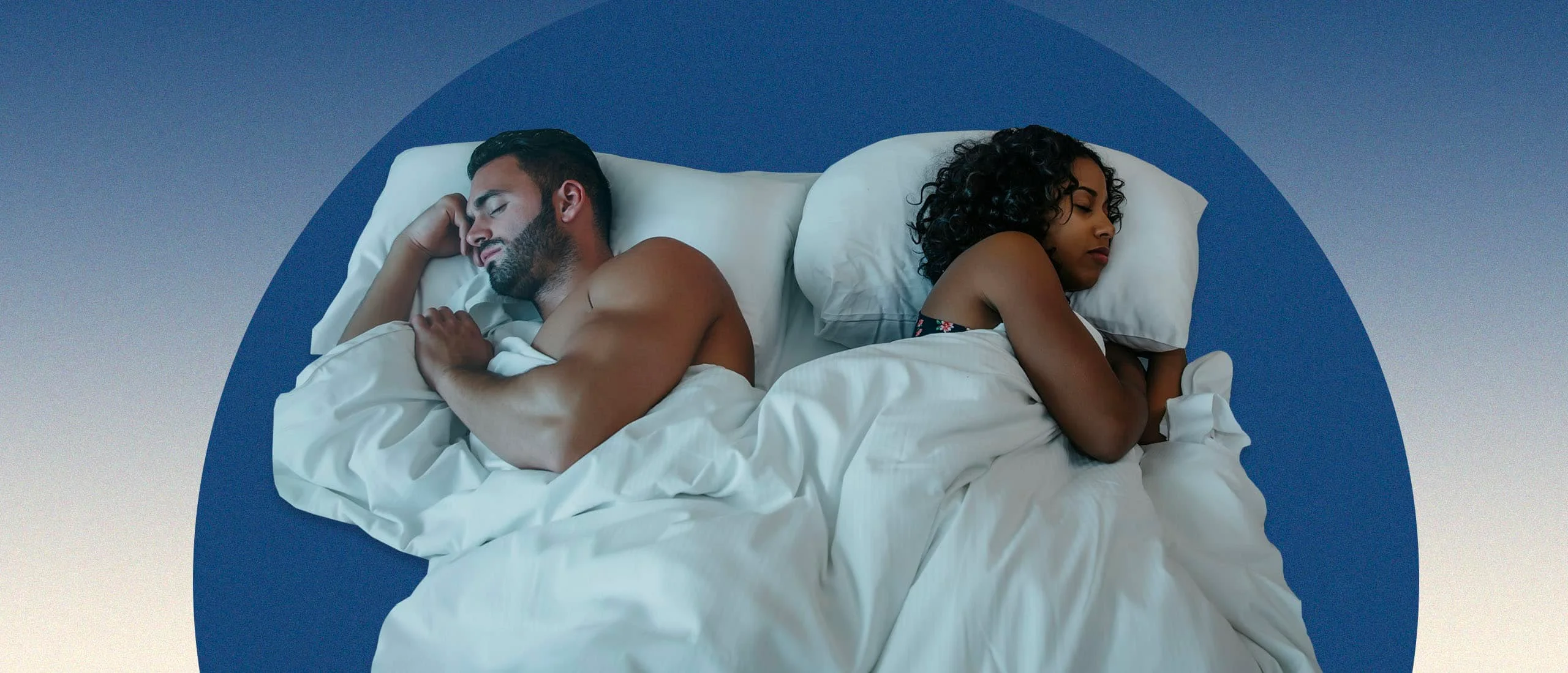 Man and women sleeping back to back on blue background