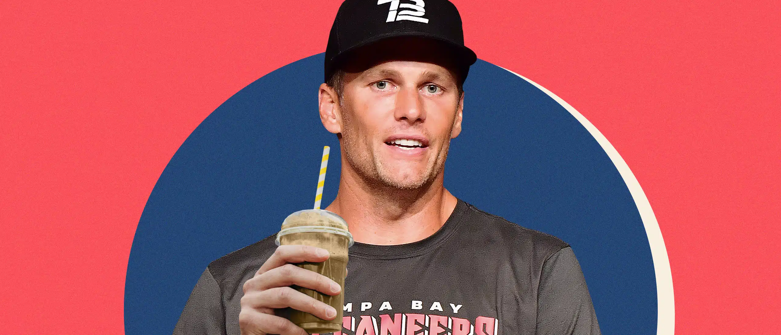 Tom Brady on a red and blue background holding a smoothie.