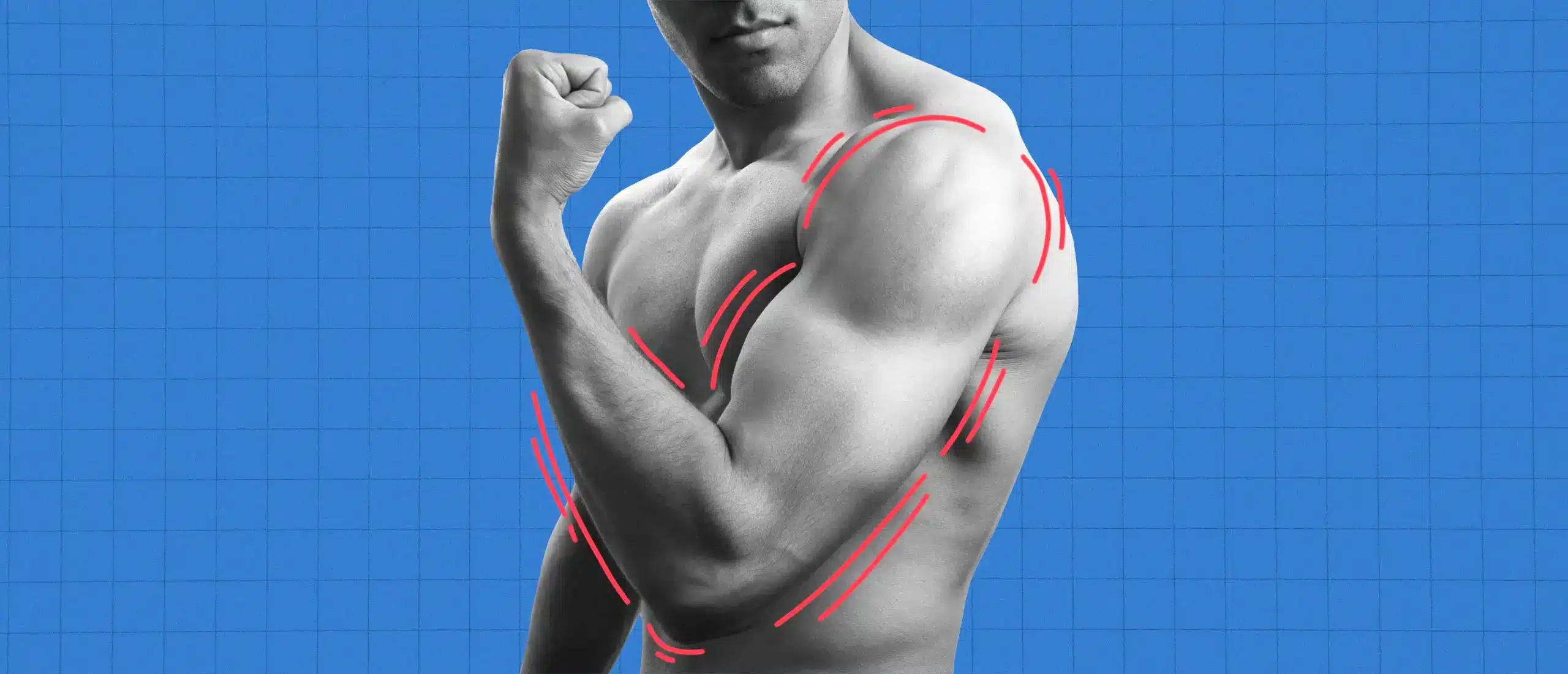 Man flexing his bicep, and admiring his muscle with a red outline