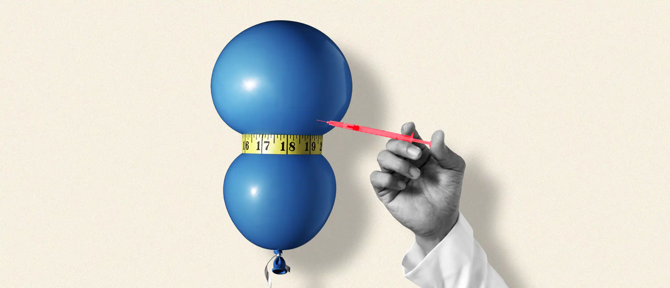 A doctor injects testosterone into a balloon which is cinched in the middle with a measuring tape