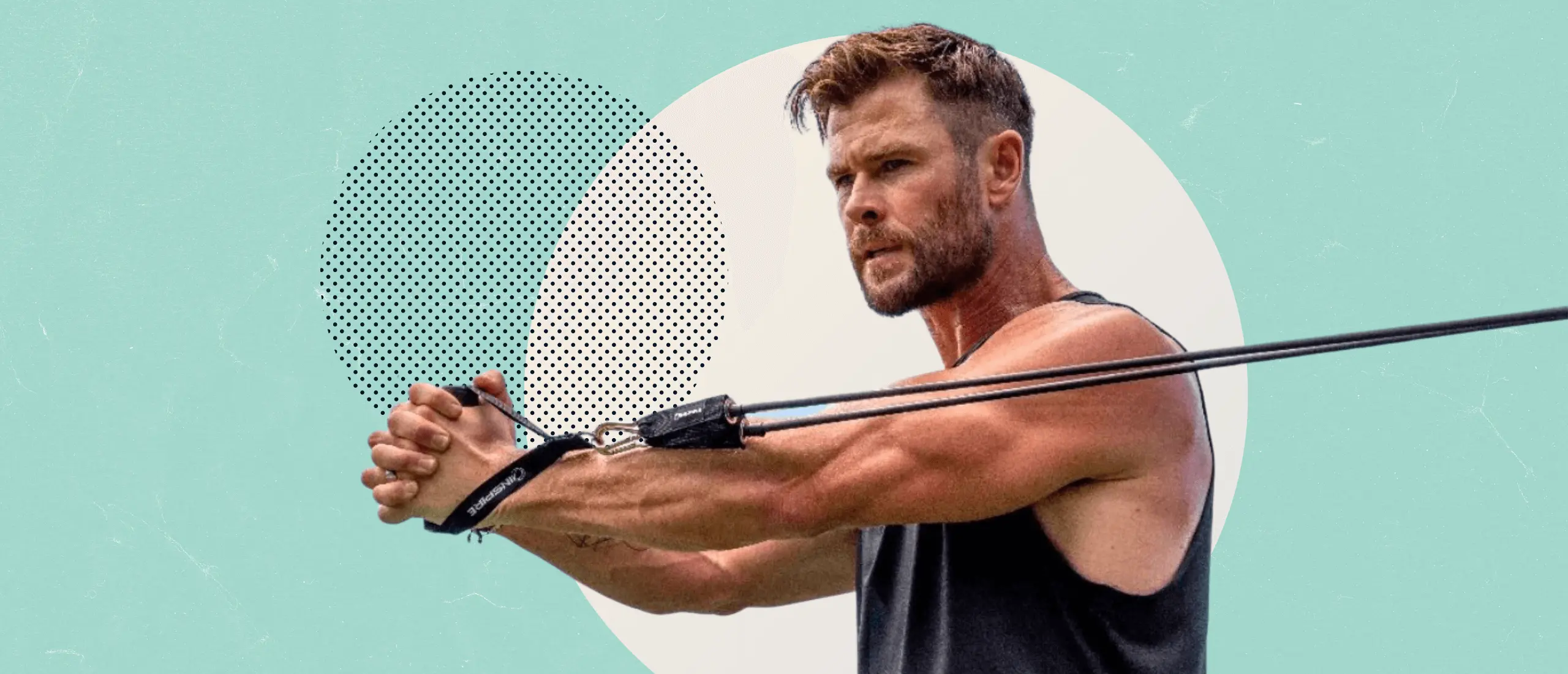 chris hemsworth does a cross body curl on a teal background