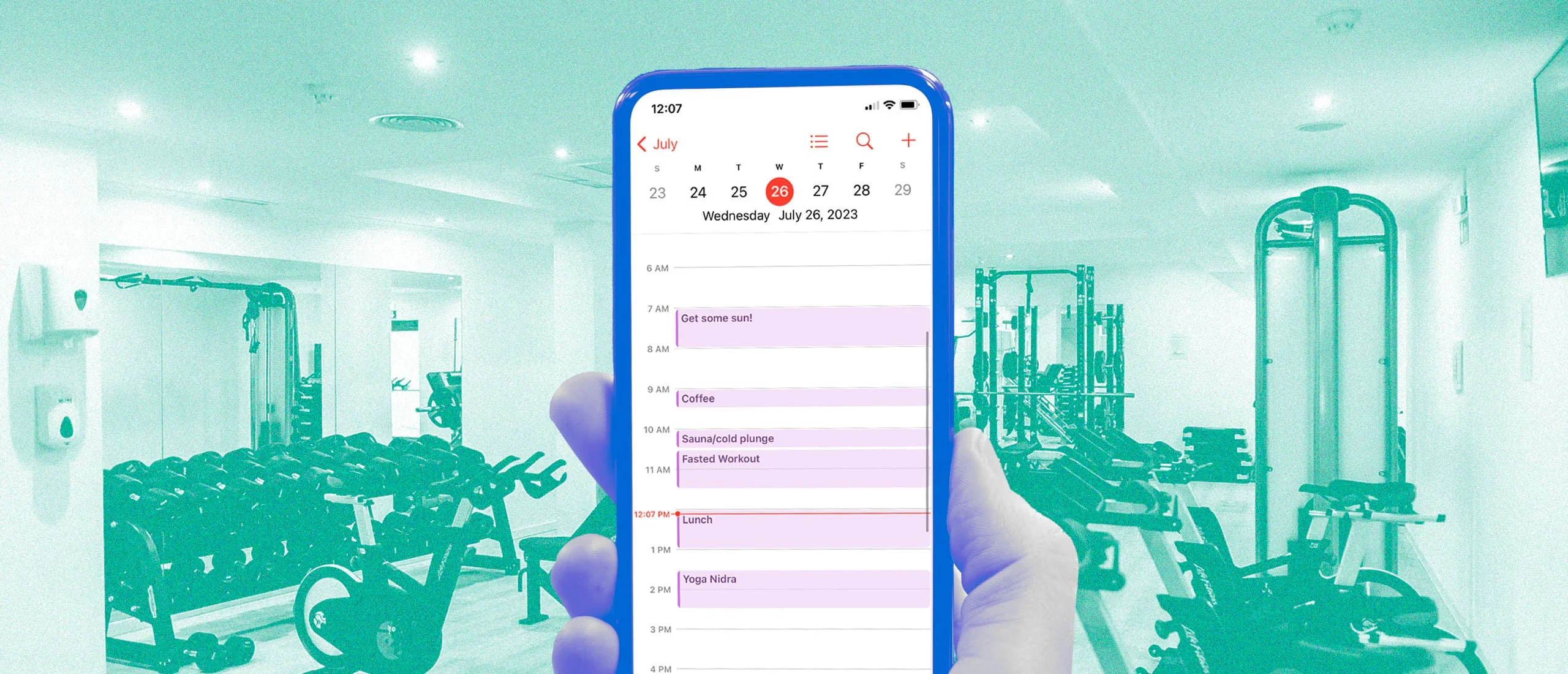 A phone holding a blue phone with a calendar view of a busy daily schedule with a gym in the background.