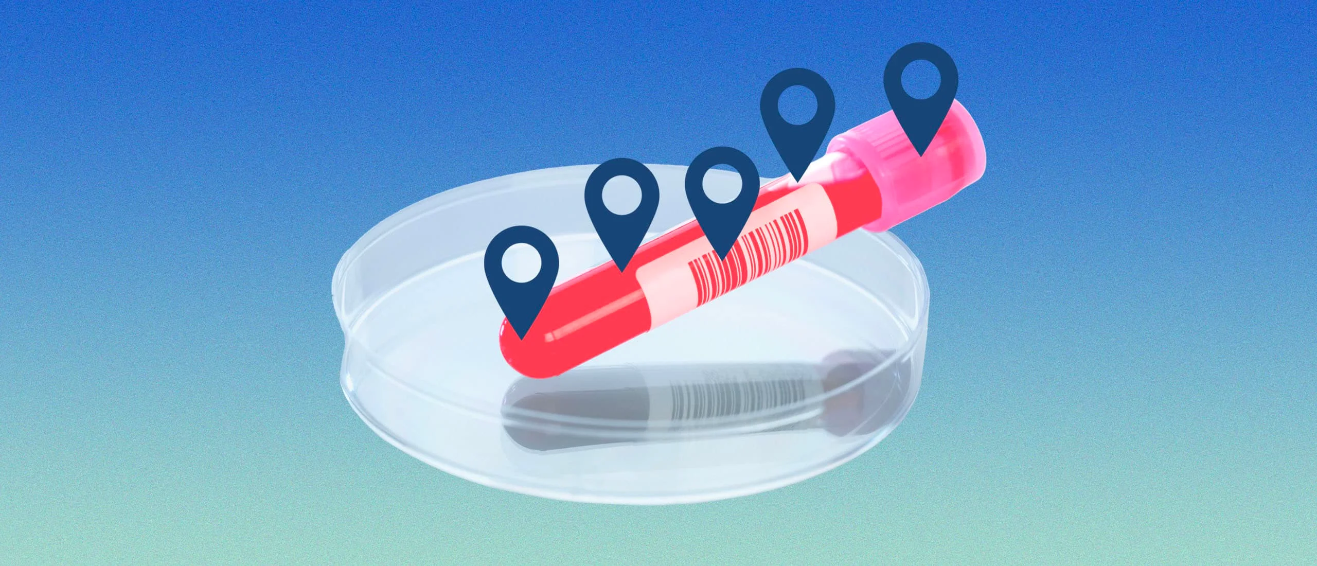 Blood test vial in petri dish with location markers