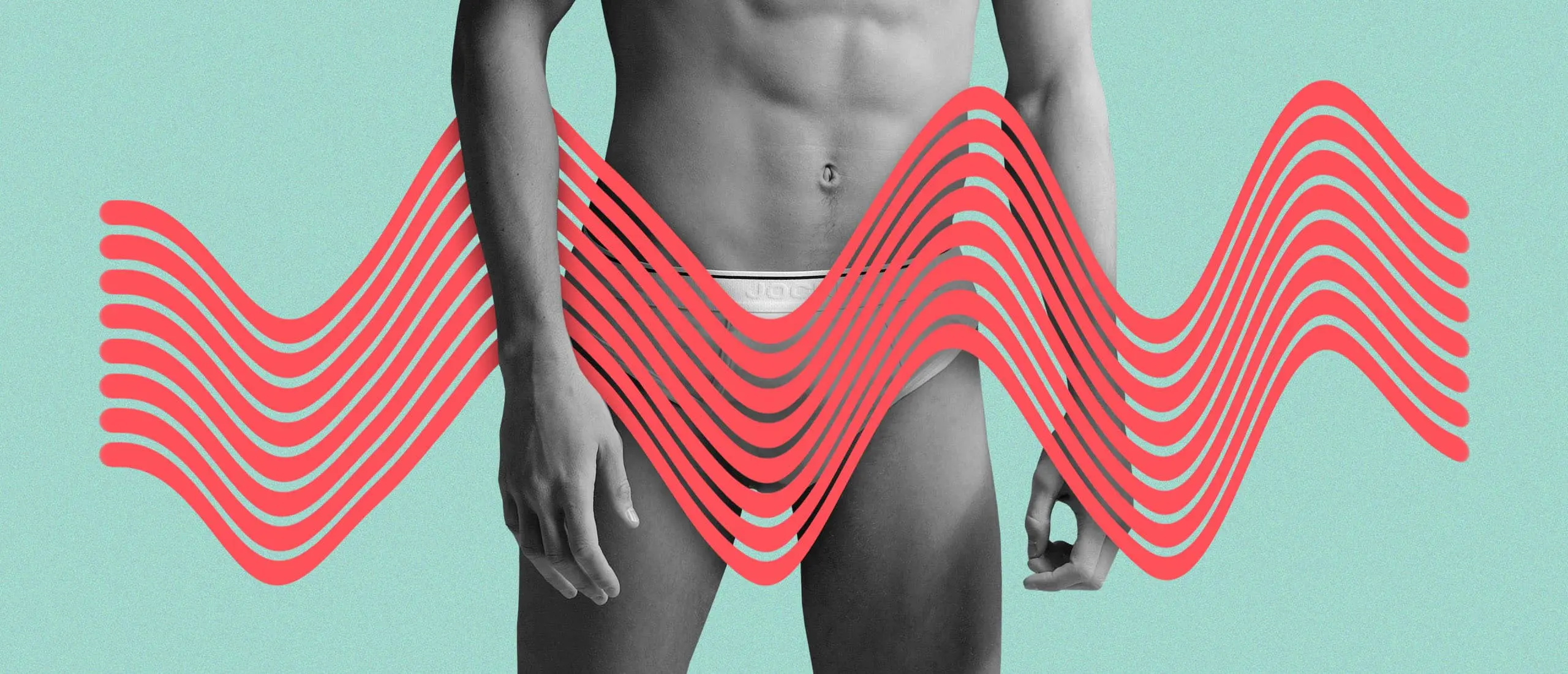 man in tighty whities with squiggly red lines on top of them