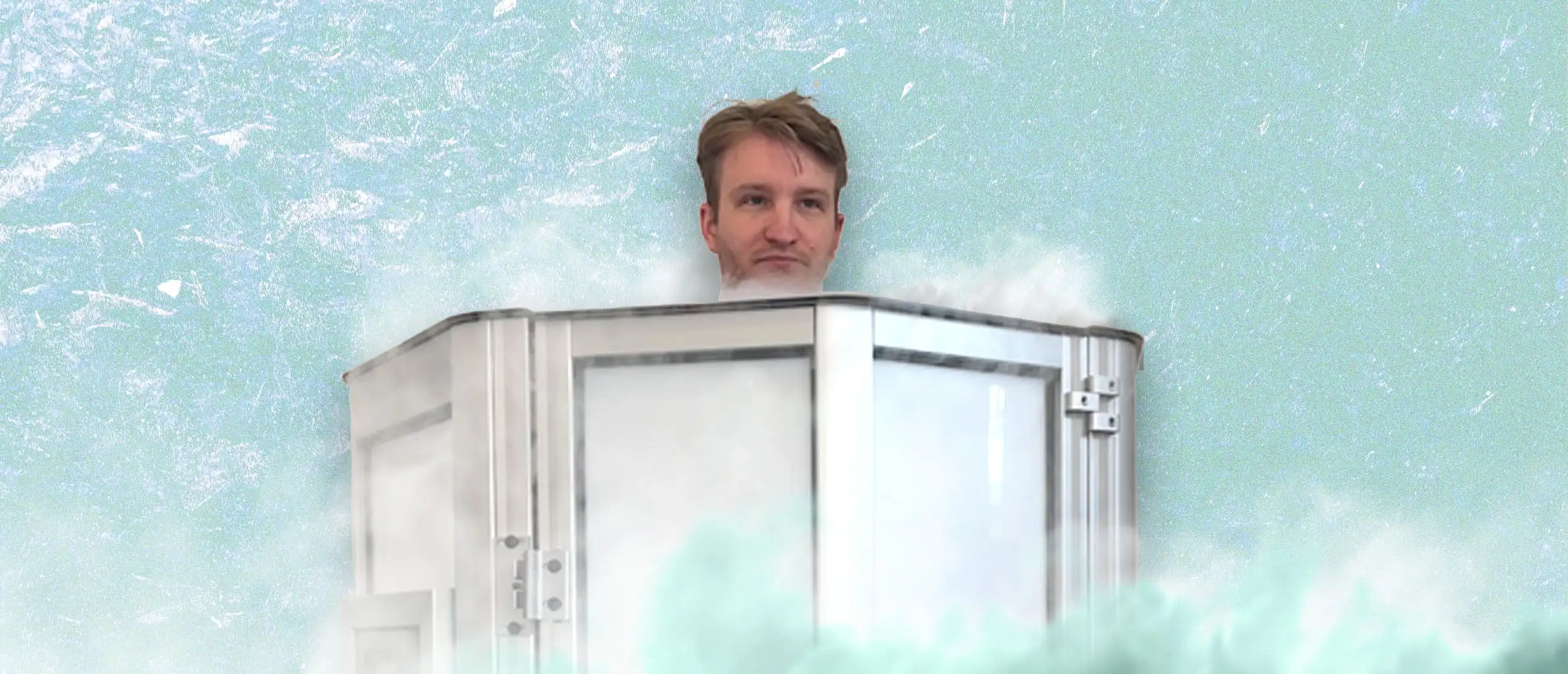man has his head above the top of a cryotherapy chamber