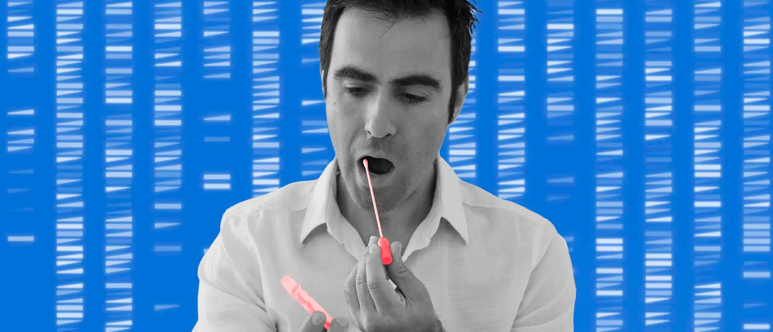 A man swabs his cheek with a genetic test kit
