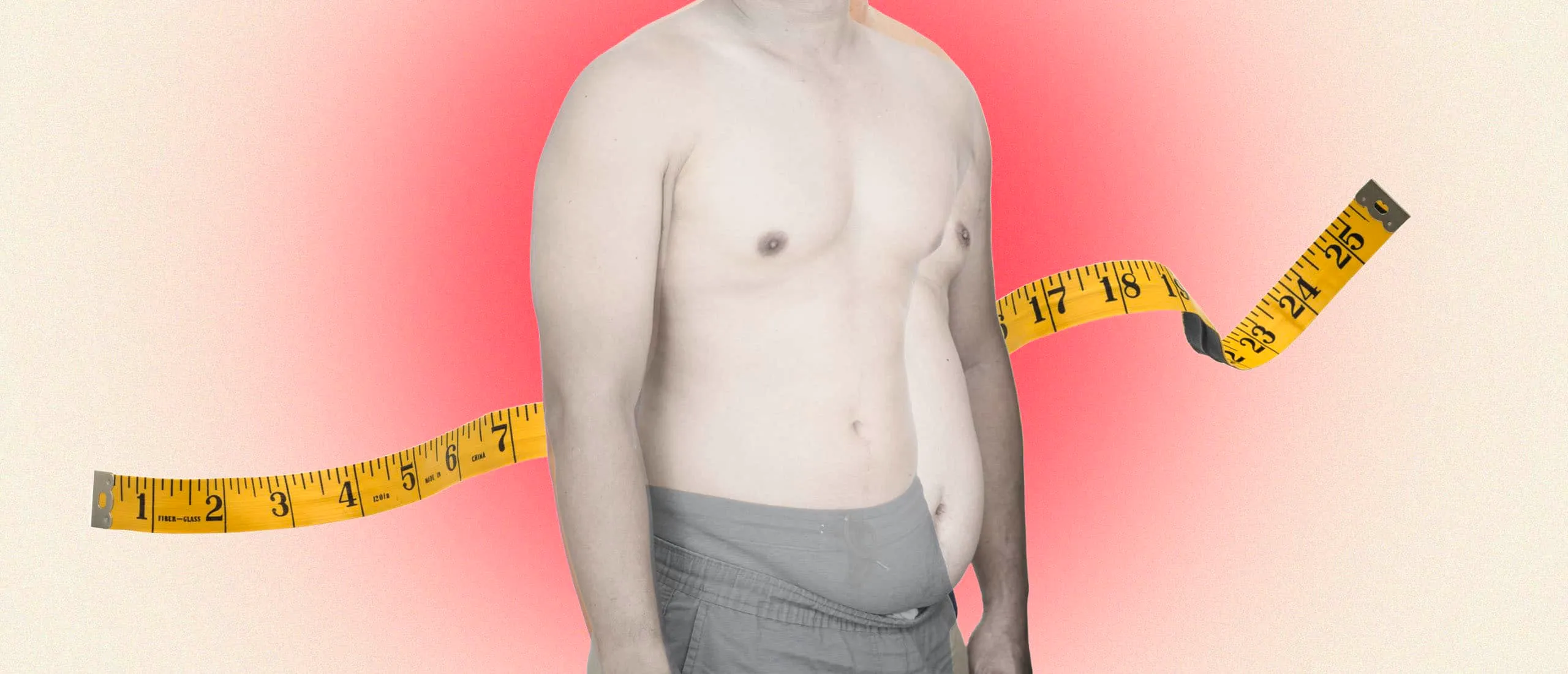 male body losing weight in front of tape measure on red and beige background