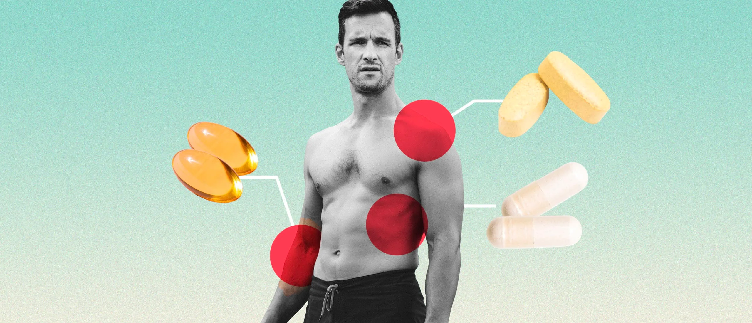 A man stands with bone supplements around him highlighted on different parts of his body
