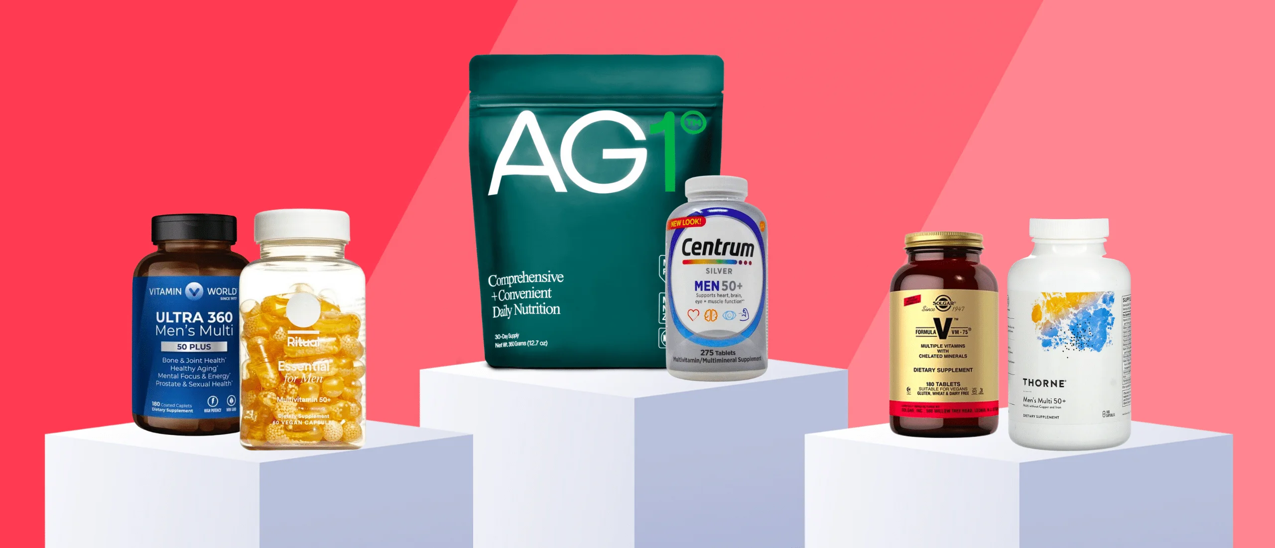 Six of the best multivitamins for men on a red background