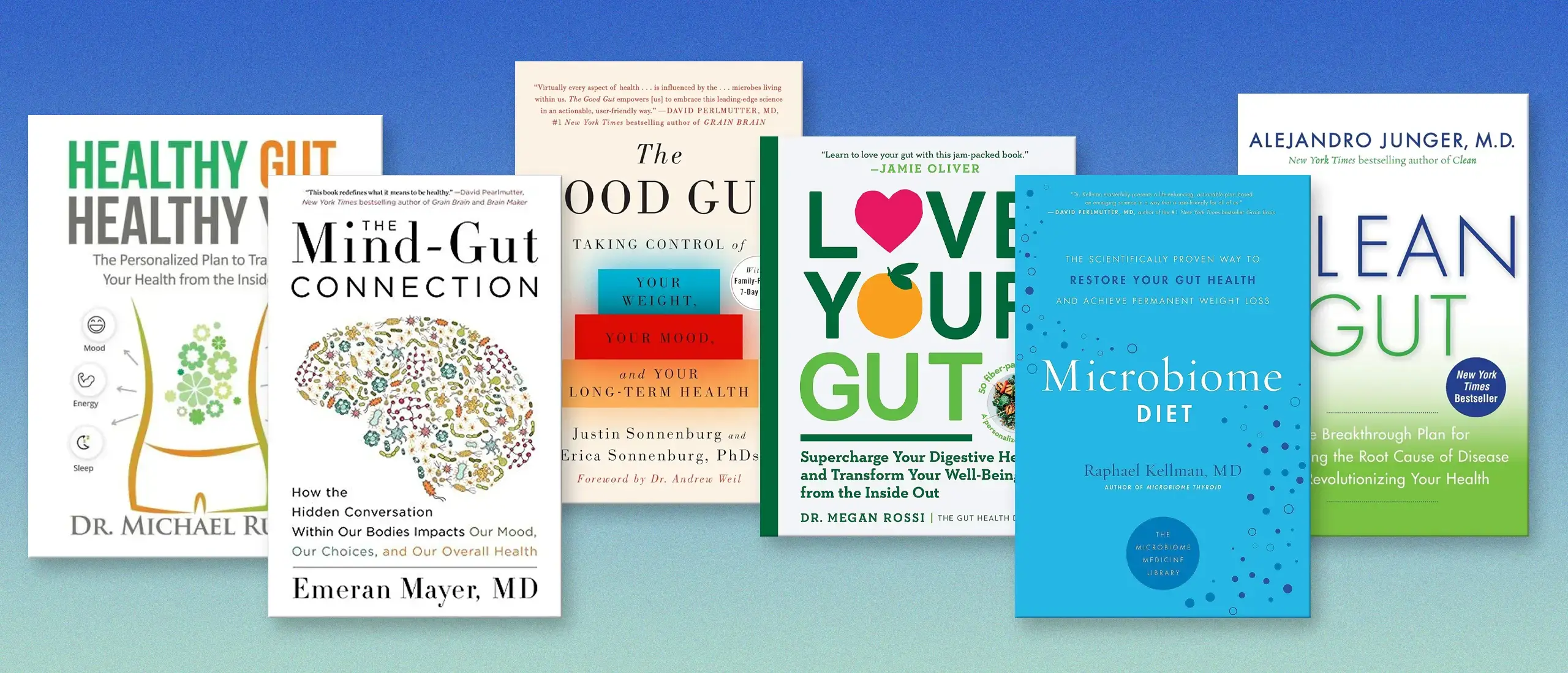 Gut health books on a blue gradient background