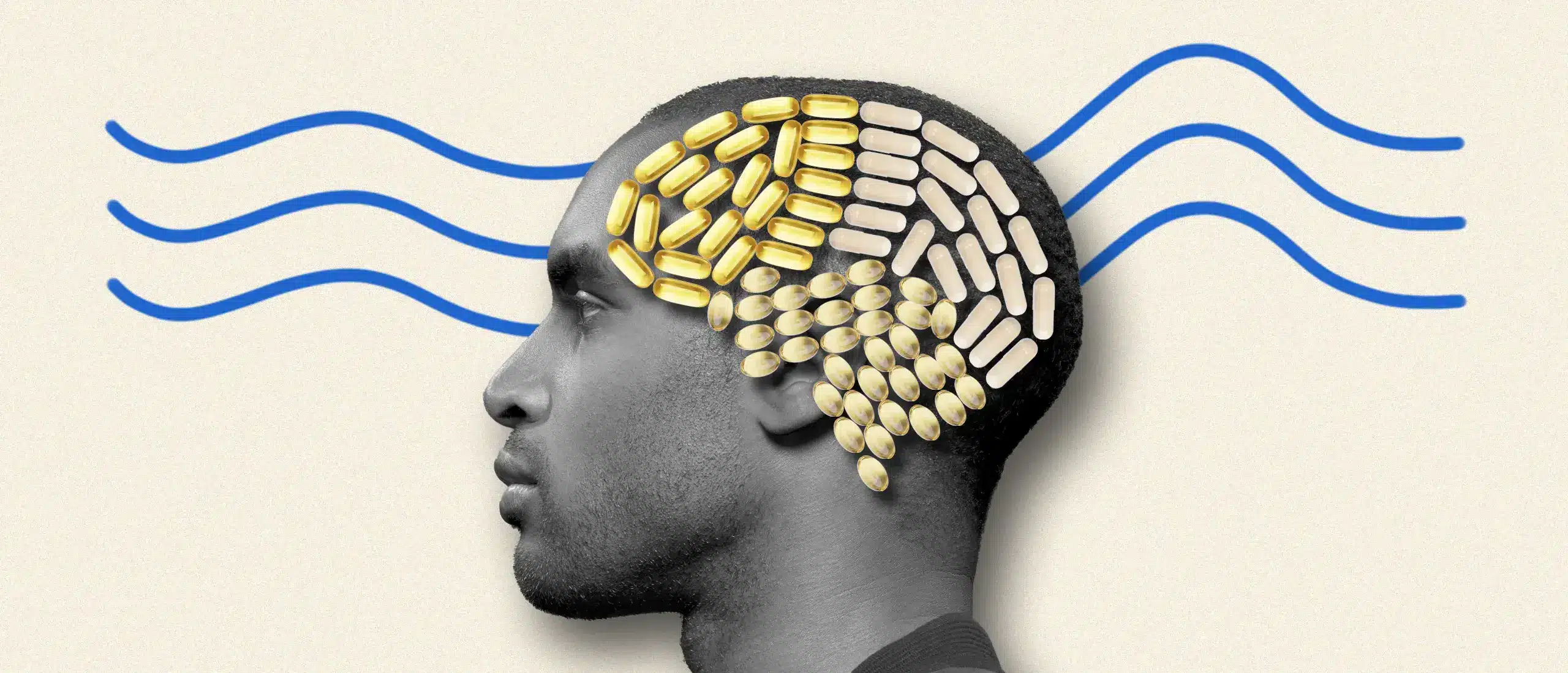 man with individual supplements stacked on the side of his head in an artful way