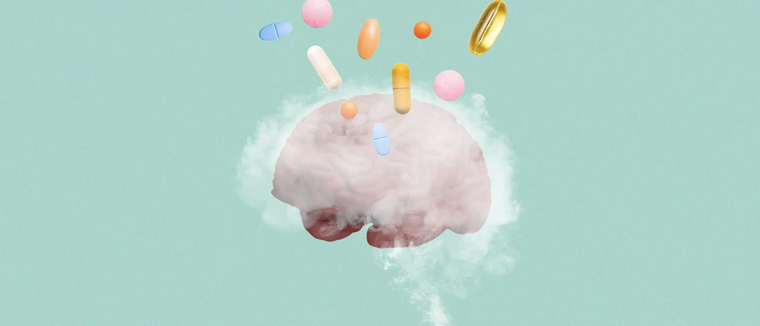 a brain is covered by fog with vitamins floating above