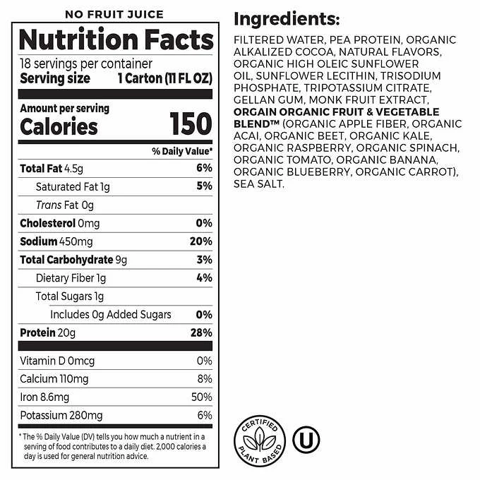 nutrition label for orgain 