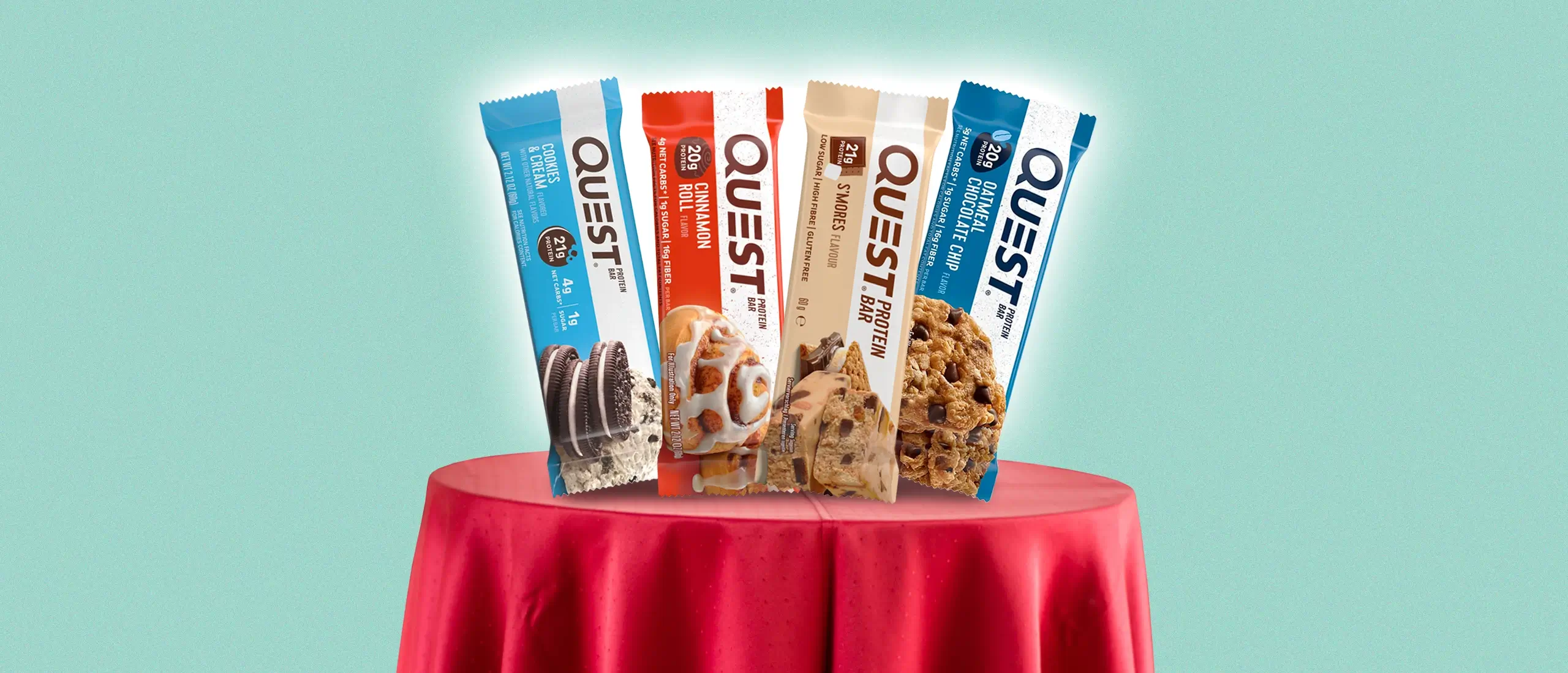 Quest Protein Bars on table with red table cloth