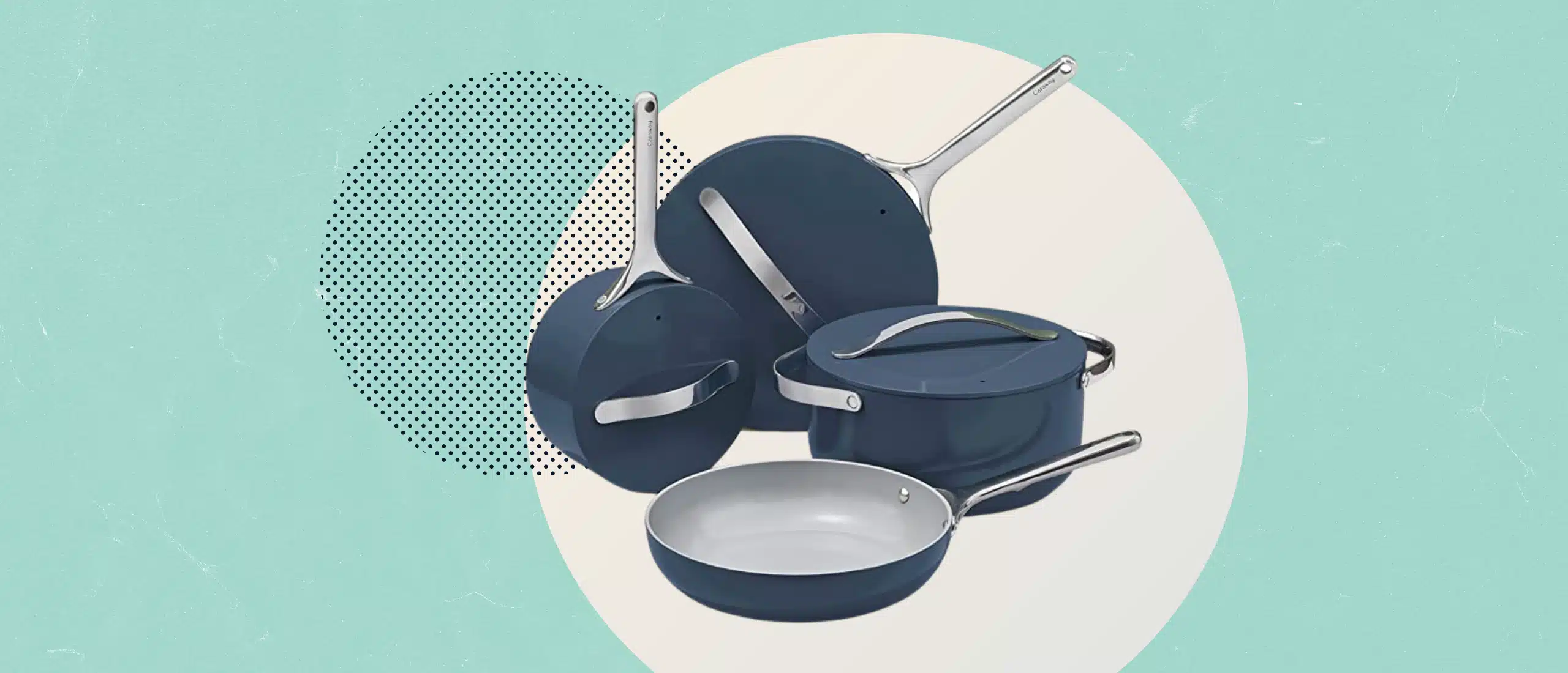 pots and pans on a teal and white background