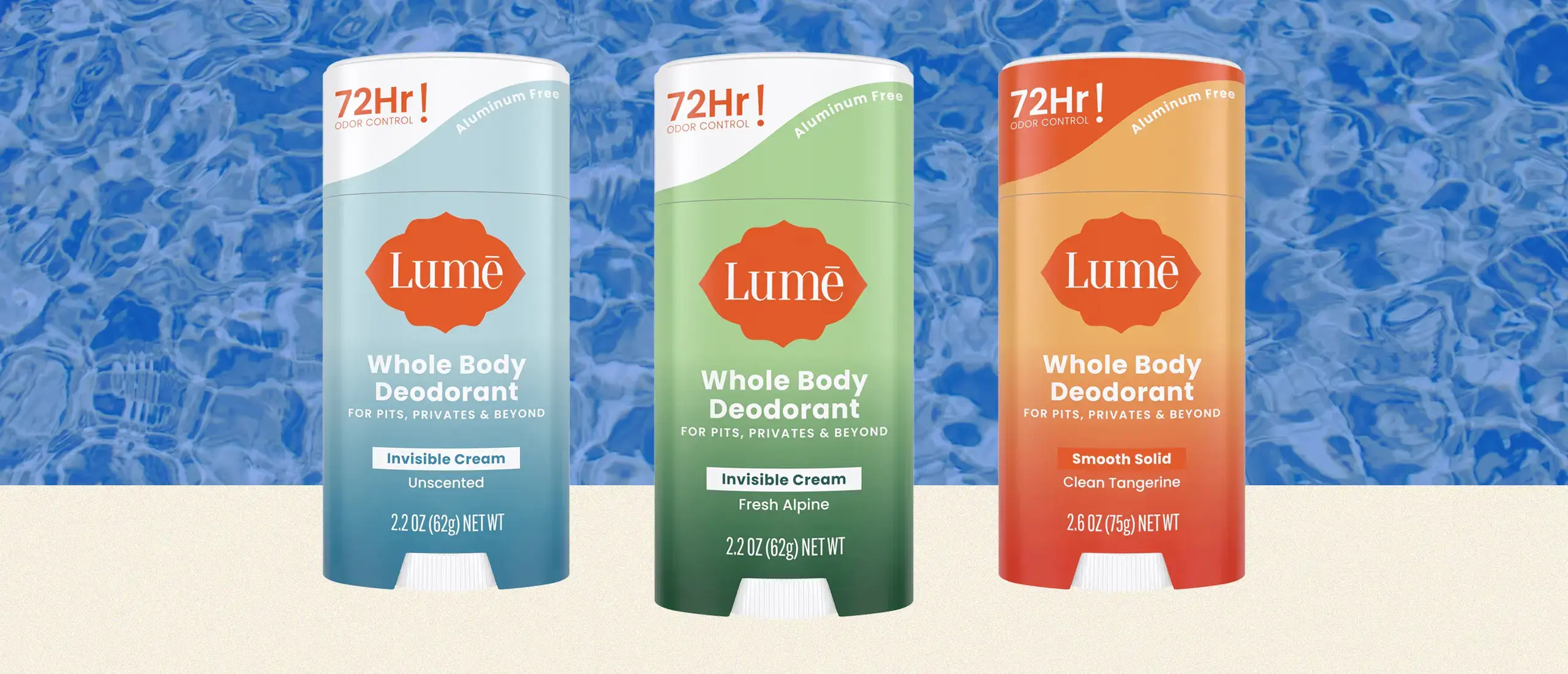 Three different scents of Lume deodorant on a counter with a groovy blue background.