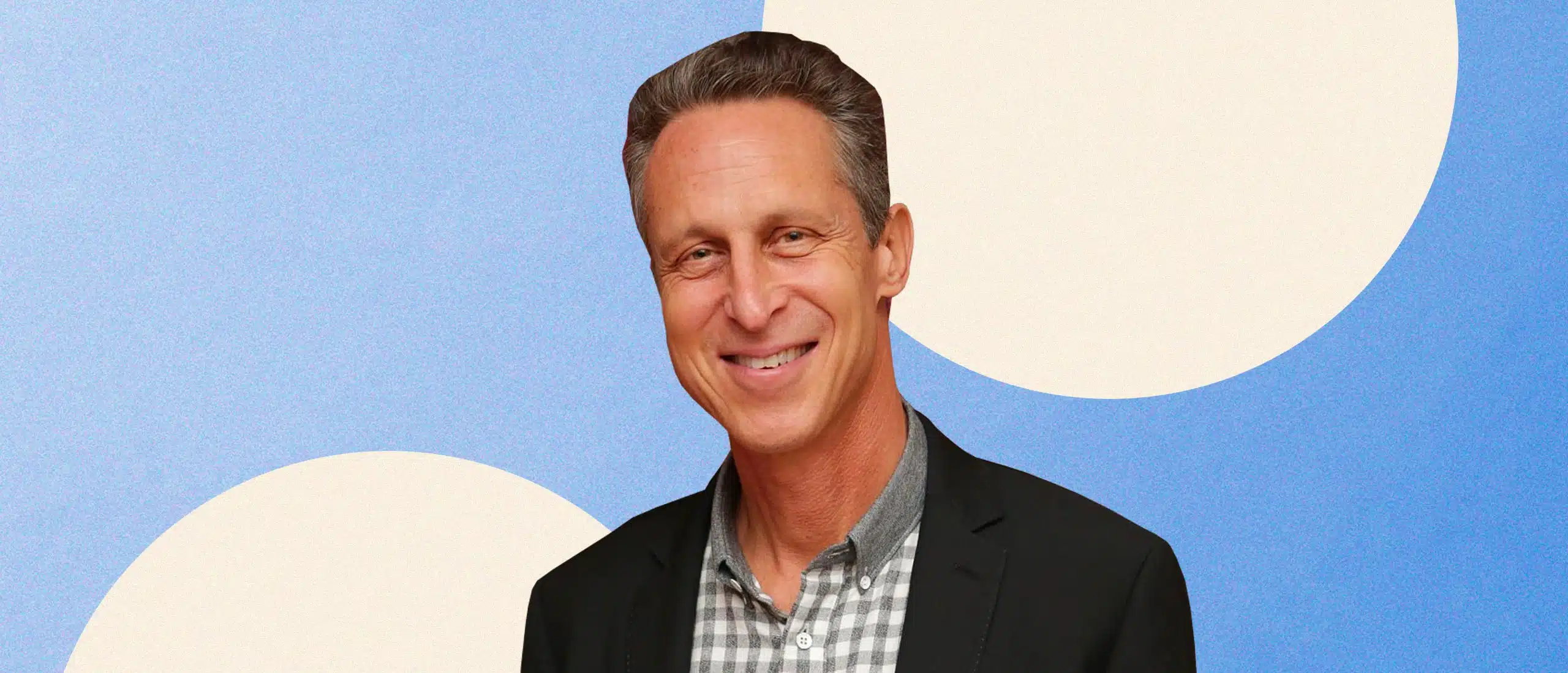 Mark Hyman on a blue background with white polka dots