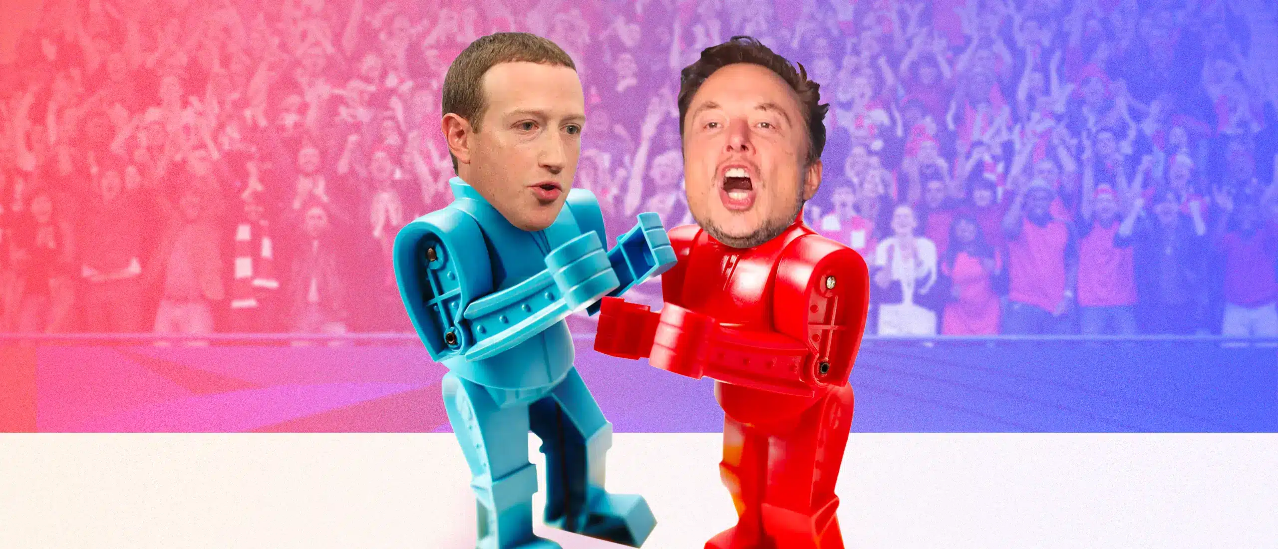 Robot versions of Mark Zuckerberg and Elon Musk boxing