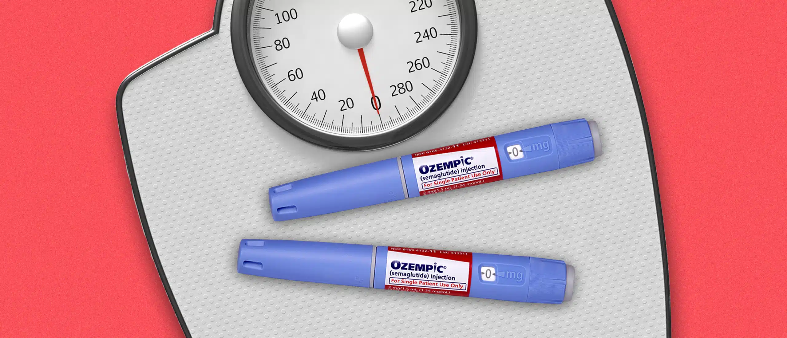 ozempic needles and a scale on a red background
