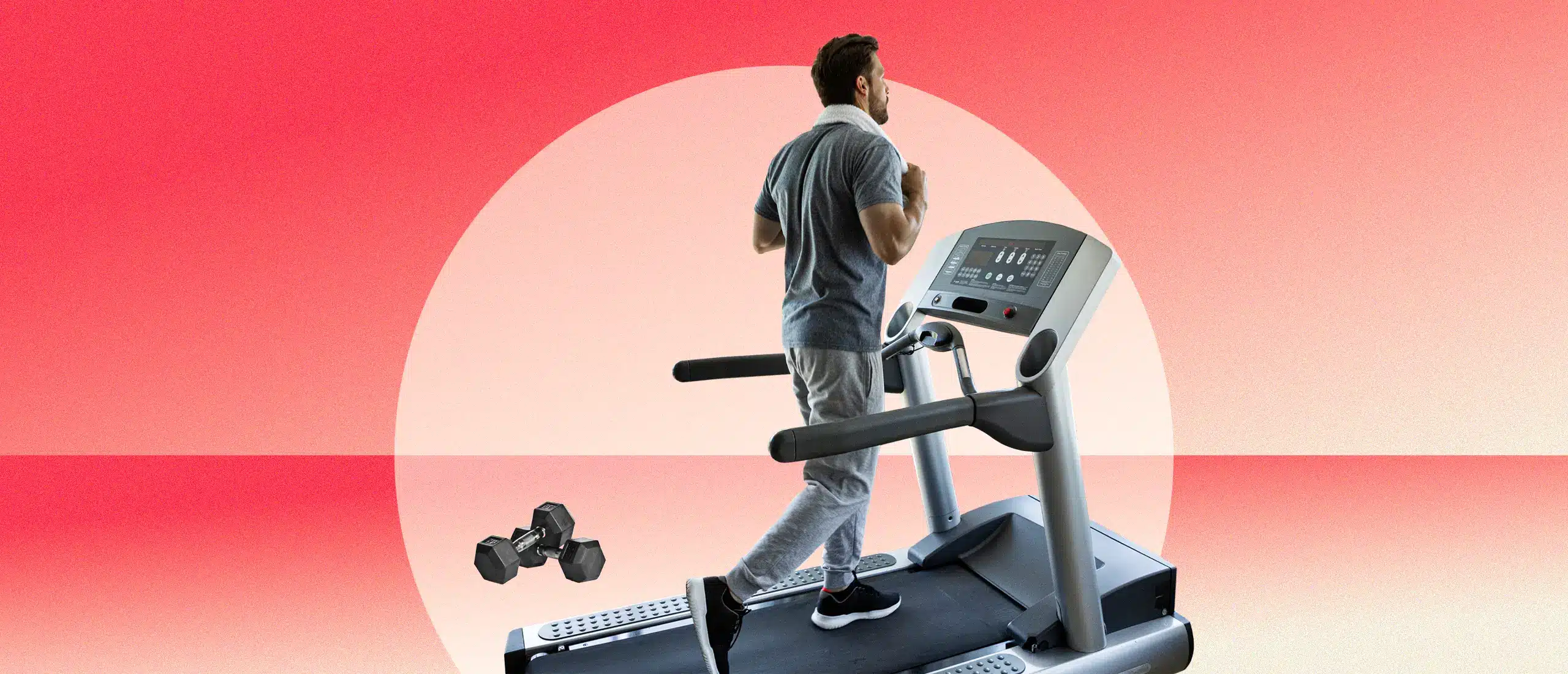 Man surrounded by a halo on a treadmill with weights on the floor on a red background