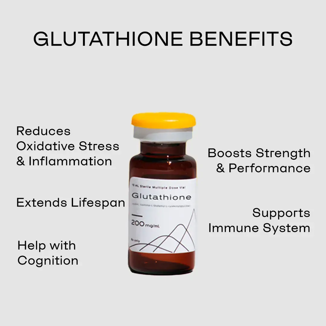 A vial of injectable glutathione with a list of its benefits