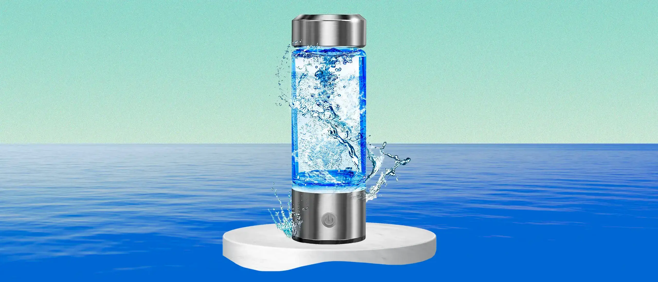 hydrogen water bottle on a pedestal surrounded by water
