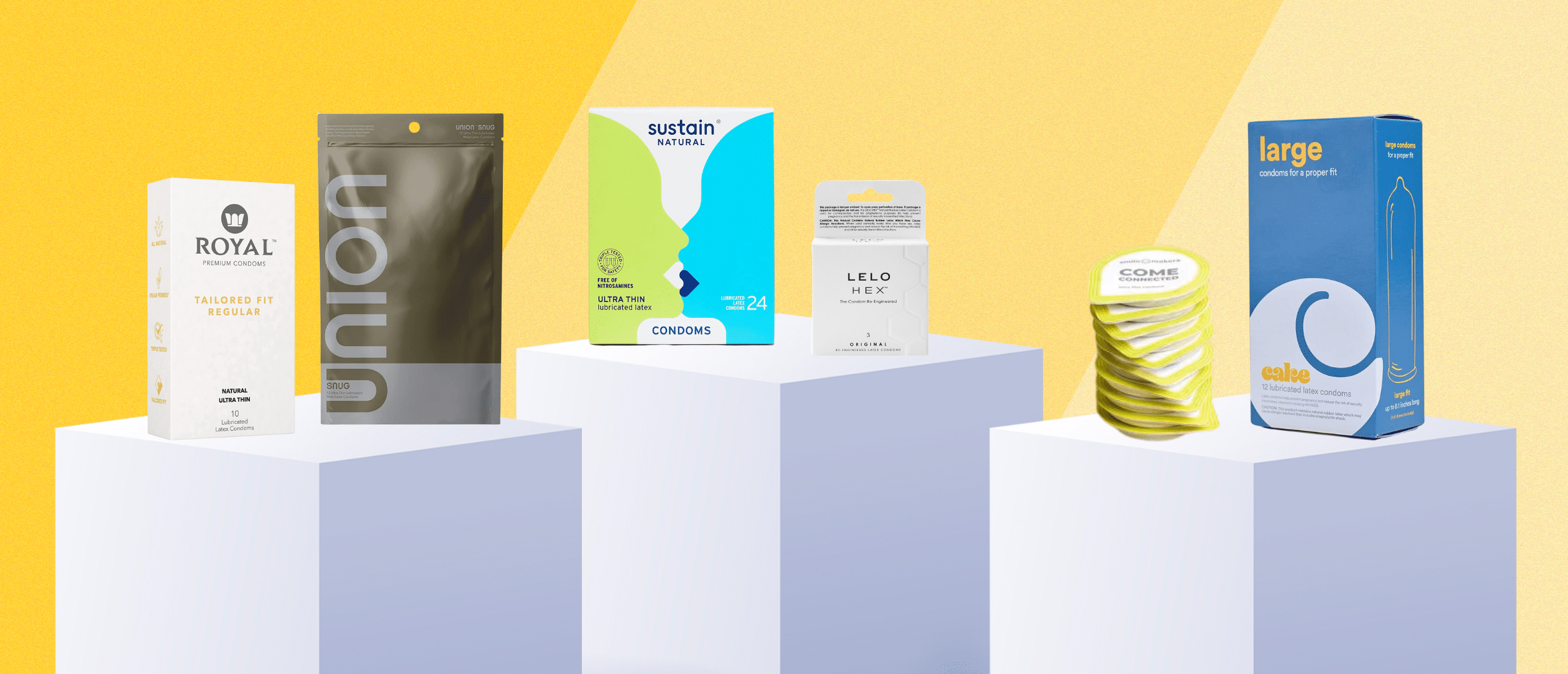 Six natural condom brands on a yellow background