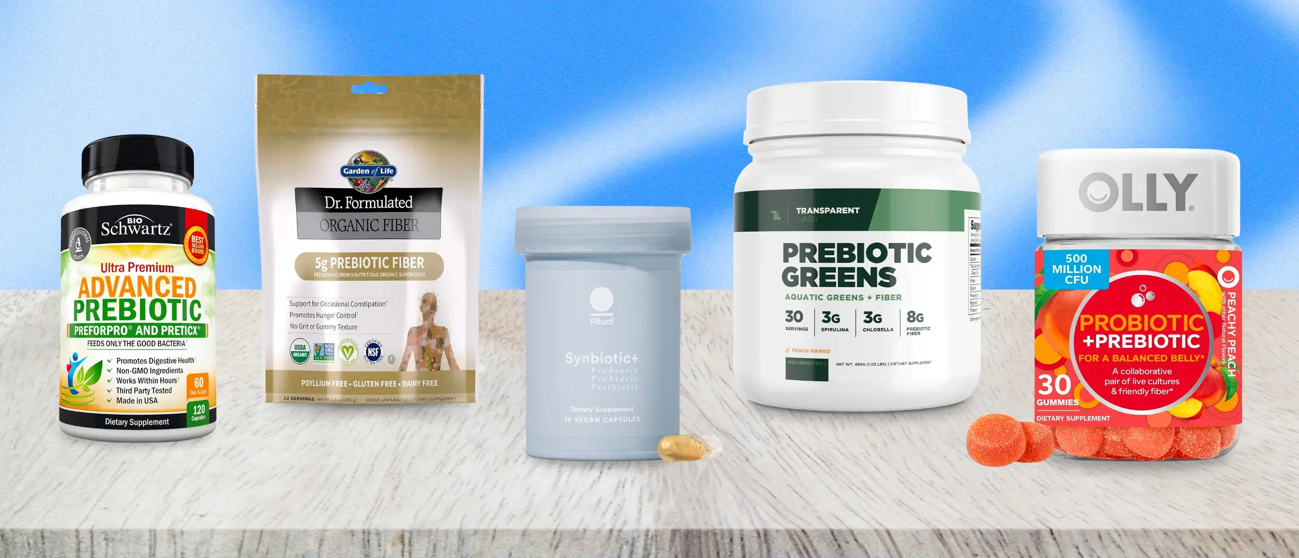 five different prebiotic supplements