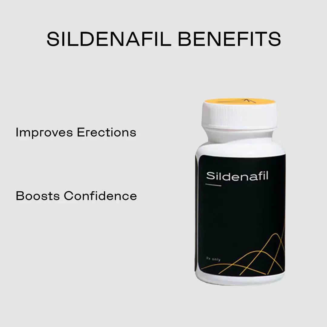 A bottle of sildenafil from Hone with a list of the benefits it confers