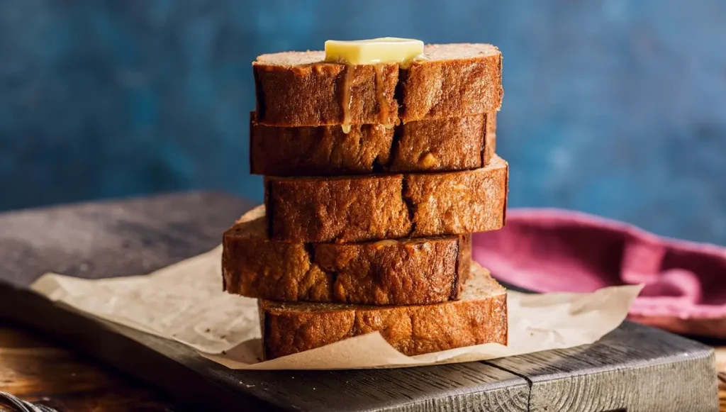 Stack of banana bread with melting butter on top