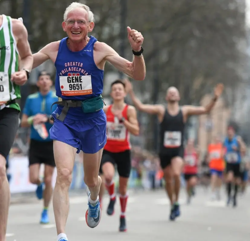 Gene Dykes finishing the Rotterdam Marathon, where he set an unofficial world record for his age group.