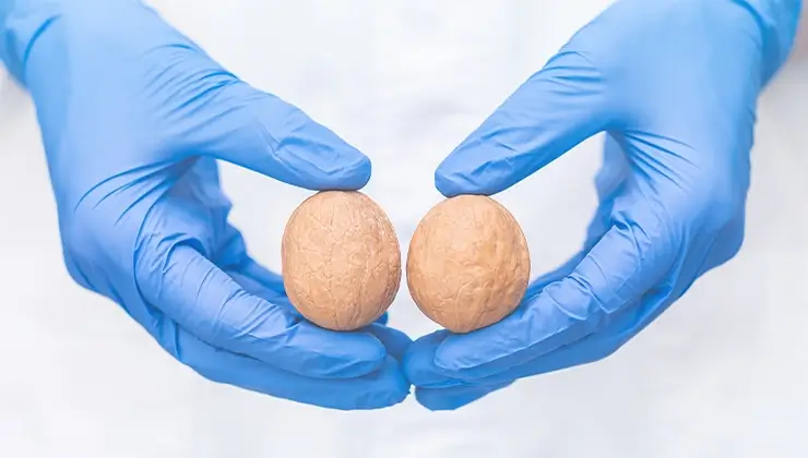 A doctor with gloved hands holding two walnuts